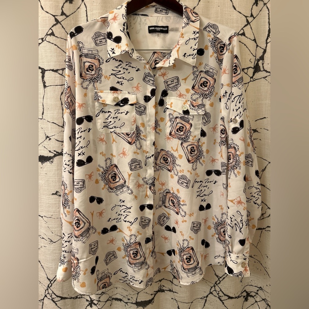 KARL LAGERFELD Paris Button Up Shirt All Over Print Womens Size XLARGE White